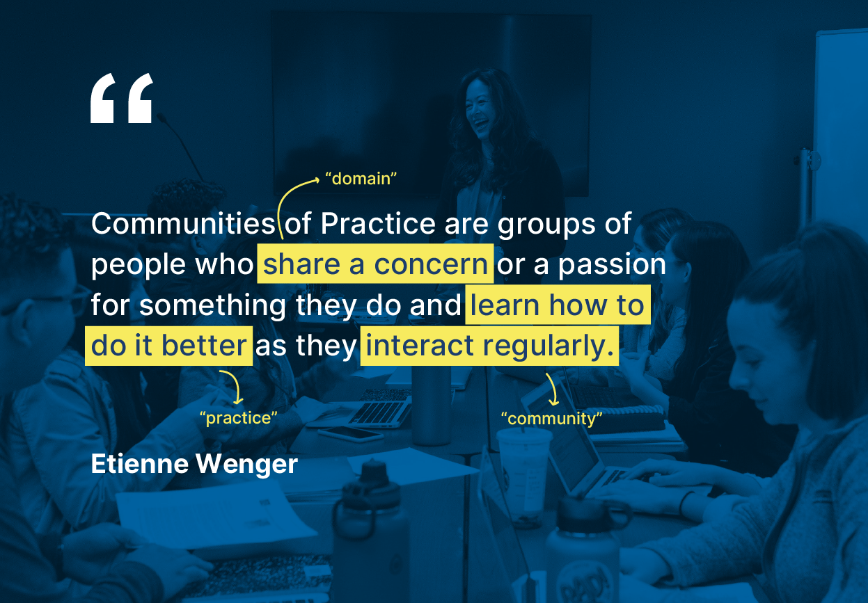 Wenger quote: communities of practice are groups of people who share a concern or passion for something they do and learn how to do it better as they interact regularly